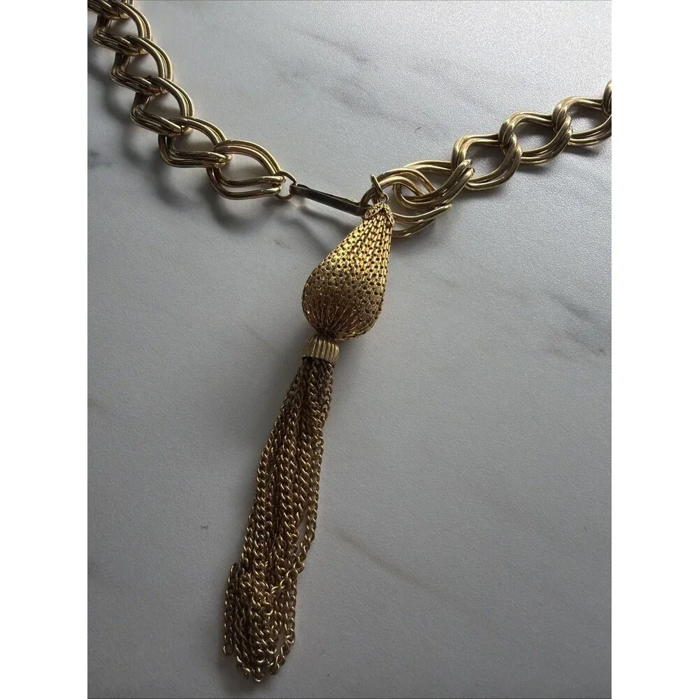 Vintage Chain Belt Small Gold Chunky Tasseled Metal Links Disco Going Out 70s